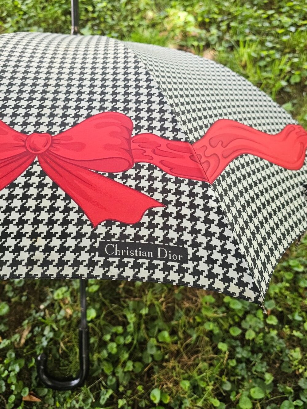 Vintage Christian Dior Red Bow Houndstooth Umbrella